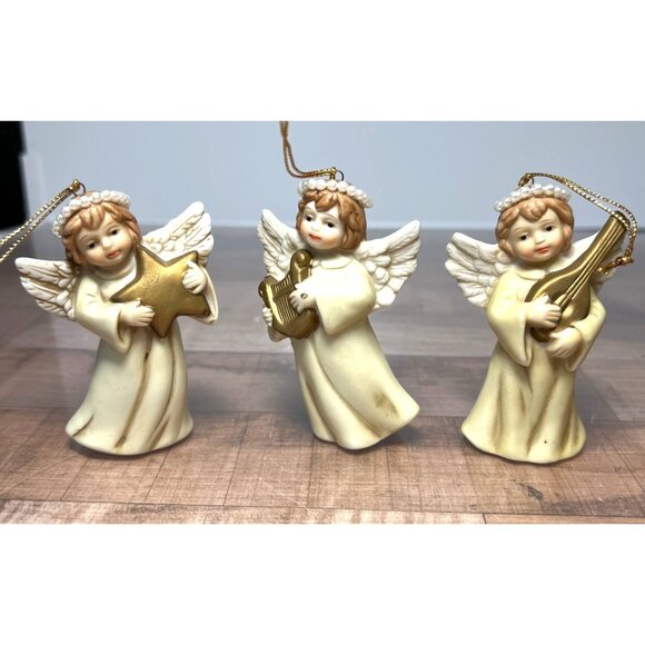 Vintage Porcelain Angel Christmas Ornaments Set Of 3 Musical Figurines - Picture 1 of 4